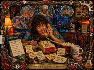 A mischievous curly-haired prankster leans over a cluttered bedroom desk, grinning into a corded phone as colorful thought bubbles reveal his bewildered victims. Warm lamplight and cool moonlit blues create lively contrast, while painterly textures, comic details, disguises, notes, snacks, and an ornate musical frame amplify the scenes playful, chaotic energy.