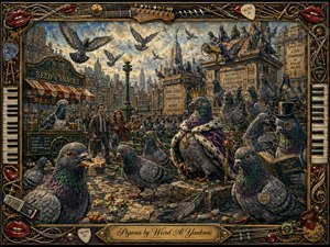 A whimsical hand-painted city square is overrun by pigeons behaving like a feathered royal society, led by a crowned bird in a purple robe. Warm golden light, smoky blues, stone browns, and iridescent greens create comic grandeur. An ornate musical frame of strings, keys, picks, instruments, and glossy lips completes the scene.