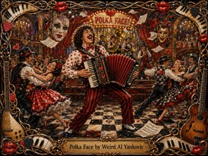 A jubilant accordion player commands a crowded polka ballroom as dancers whirl across a checkerboard floor beneath glowing stage lights and red curtains. Rich reds, golds, blacks, and creams create a theatrical warmth, while flying sheet music, masks, hearts, and an ornate instrument-filled frame enhance the lively, handcrafted painted style.
