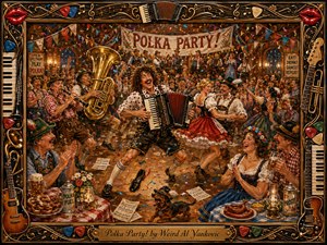 A wildly joyful polka celebration fills a warm wooden dance hall, led by an exuberant accordion player surrounded by spinning dancers, brass musicians, confetti, beer steins, and festive tables. Rich reds, golds, blues, and greens glow under amber lighting, while painterly textures and an ornate musical frame heighten the comic energy.