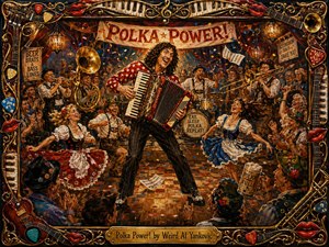 A jubilant accordion player commands a crowded polka hall as dancers whirl and brass musicians perform beneath warm lantern light. Rich reds, golds, blues, and creamy whites energize the textured oil-painted scene. Confetti, flying sheet music, humorous signs, and an ornate instrument-and-piano-key frame amplify the festive, theatrical mood.