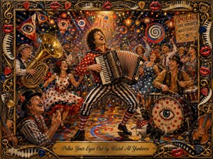 A wildly energetic polka celebration fills a glowing dance hall, centered on a jubilant accordionist surrounded by dancers, brass players, drums, confetti, and swirling eye motifs. Saturated reds, golds, blues, and warm theatrical lighting create a playful carnival mood, framed by ornate instruments, piano keys, guitar picks, and glossy red lips.
