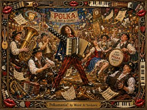 A jubilant accordion-playing showman commands a chaotic polka festival packed with brass musicians, dancers, confetti, and flying sheet music. Warm golden lantern light illuminates rich reds, blues, creams, and polished brass. The lively oil-painted scene features energetic brushwork, comic details, deep crowd-filled perspective, and an ornate music-themed frame.