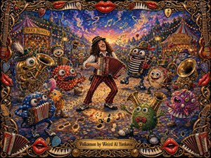 A jubilant accordion player commands a twilight carnival square, surrounded by whimsical musical creatures dancing among glowing notes and brass instruments. Saturated reds, blues, greens, and golds shimmer under warm lantern light against a dramatic sunset sky. Rich painterly textures and an ornate instrument-filled frame create playful, handcrafted fantasy energy.