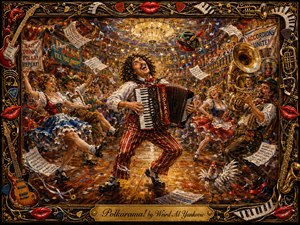 A jubilant accordion player leads a swirling polka celebration inside a crowded, warmly lit dance hall. Dancers, brass musicians, flying sheet music, ribbons, and playful details fill the deep composition. Rich reds, blues, golds, and glowing highlights energize the textured oil-paint style, framed by elaborate musical ornaments and glossy red lips.