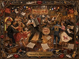 A jubilant retro dance hall erupts with polka energy as an accordionist leads musicians and swinging couples across a glowing wooden floor. Warm gold, red, blue, and black tones shimmer beneath festive lights. Flying records, sheet music, jukebox details, and an ornate instrument-filled frame create a richly textured, nostalgic painted spectacle.