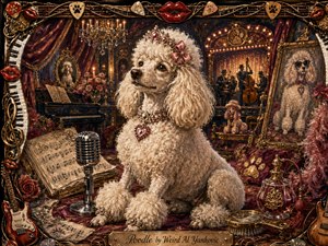A regal white poodle poses proudly in an opulent jazz salon filled with chandeliers, velvet drapery, sheet music, roses, portraits, and a shadowy band. Warm gold, burgundy, cream, and ruby tones glow under theatrical lighting. Rich painterly textures, jeweled accessories, musical ornaments, and the intricate framed border create playful elegance.