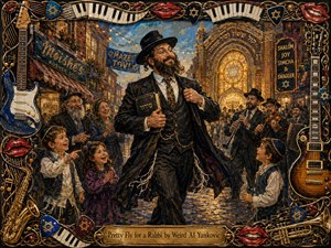 A charismatic rabbi strides confidently through a festive Jewish neighborhood, surrounded by smiling families and musicians beneath warm synagogue lights. Rich blues, golds, burgundy, and amber glow across the textured oil-painted scene. An ornate frame of guitars, piano keys, picks, red lips, brass instruments, and Stars of David completes the lively composition.