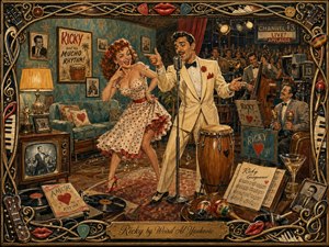 A lively hand-painted retro scene shows a suave singer and a red-haired dancer performing in a warm 1950s-style television lounge, surrounded by musicians, records, and nostalgic decor. Rich golds, teals, and reds glow under theatrical lighting, while an ornate musical frame of strings, piano keys, instruments, and glossy lips completes the exuberant, playful composition.