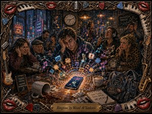 A weary man slumps over a cafe table as a glowing smartphone erupts with swirling neon notes, alerts, and vibrating rings, disrupting annoyed patrons around him. Moody indigo and warm amber lighting deepen the chaotic humor, while richly textured painterly details, spilled coffee, clocks, city reflections, and an ornate musical frame complete the scene.