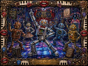A lively retro-futuristic nightclub bursts with dancing robots, led by a chrome figure striking a dramatic pose on a glowing blue, purple, and magenta floor. Warm gold and red highlights illuminate metallic textures, neon signs, records, and machinery. A richly painted musical frame surrounds the playful, energetic scene.