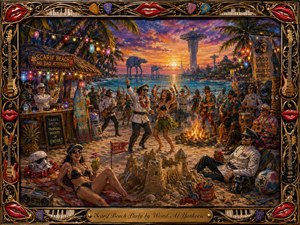 A richly painted tropical beach party unfolds at sunset, blending playful science-fiction parody with festive island energy. Uniformed revelers dance beside musicians, cocktails, a bonfire, sandcastle, and tiki bar beneath glowing lanterns. Turquoise water, orange-violet skies, distant futuristic towers, and an ornate musical frame create vivid depth and whimsical detail.