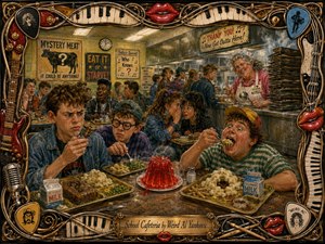 A lively hand-painted school cafeteria bursts with comic chaos as students inspect dubious lunches beneath harsh fluorescent lights. Mustard yellows, institutional greens, warm reds, and metallic grays create a nostalgic mood, while glossy gelatin, mystery meat, stacked trays, expressive faces, and an ornate music-themed frame add playful detail and depth.