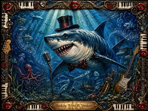 A theatrical great white shark in a top hat and bow tie performs underwater beside a vintage microphone, surrounded by fish, an octopus, guitars, saxophone, and swirling musical notes. Deep blues and teals glow beneath dramatic sunbeams, while richly textured brushwork and an ornate instrument-filled frame create a whimsical, energetic, handcrafted fantasy.