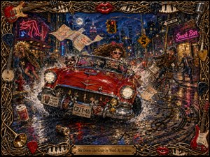 A wild-haired woman speeds through a rain-soaked neon city in a gleaming red convertible, scattering pedestrians, papers, and a startled cyclist. Rich reds, midnight blues, chrome highlights, and glowing signs amplify the comic chaos. Painterly textures, splashing reflections, musical skid marks, and an ornate instrument-and-lips frame create energetic handcrafted detail.