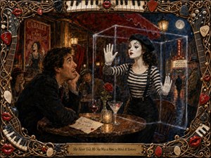 A richly textured oil-style painting shows a bewildered admirer facing a silent female mime at a moonlit cabaret cafe. Warm amber lights contrast with deep blues and burgundy reds, while an invisible painted box surrounds her. An ornate musical frame of strings, piano keys, picks, instruments, and glossy red lips completes the theatrical scene.