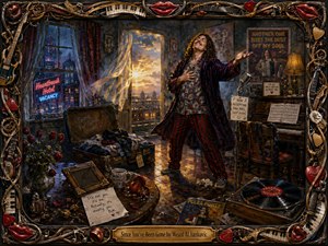 A richly textured painted scene shows a curly-haired singer celebrating freedom in a cluttered breakup-themed apartment, surrounded by wilted roses, luggage, notes, records, and musical instruments. Cool rainy blues contrast with warm golden sunlight, creating bittersweet humor and relief. An ornate music-inspired frame with glossy red lips completes the theatrical composition.
