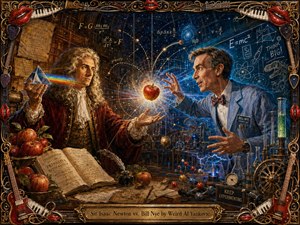 This richly painted scene stages Sir Isaac Newton and Bill Nye in a dramatic face-off, divided between a warm old-world study and a cool, glowing laboratory. A radiant apple blazes at center, surrounded by equations, instruments, and cosmic energy, while an ornate musical frame of strings, keys, and red lips encloses the theatrical composition.