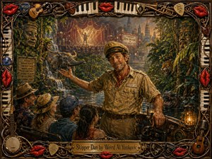 A weary but charismatic riverboat skipper entertains tourists amid a lush theatrical jungle of waterfalls, carved idols, wild animals, and winding reflective water. Warm gold, deep green, and crimson lighting creates nostalgic drama, while a distant stage and city skyline suggest lost ambitions. An ornate musical frame surrounds the richly textured painted scene.