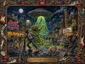A chaotic retro sci-fi invasion unfolds beneath a glowing UFO as grotesque green slime creatures swarm a neon-lit small-town street. Terrified townspeople flee through reflective puddles, wrecked bicycles, cars, and scattered debris. Toxic greens, deep blues, purples, and warm neon highlights intensify the dramatic hand-painted B-movie atmosphere, framed by ornate musical motifs.