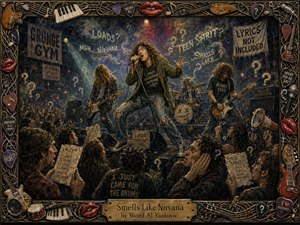 A chaotic grunge concert unfolds in a smoky, dimly lit club, with a wild-haired singer commanding center stage before a confused crowd clutching lyric sheets. Moody greens, blues, purples, amber, and crimson glow through haze. Textured painterly brushwork, floating question marks, musical props, and an ornate instrument-filled frame heighten the comic energy.