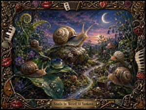 A luminous painted fantasy scene shows several snails gliding through a moonlit garden, led by a large central snail poised on a mossy rock. Violet flowers, mushrooms, dew-bright leaves, and a sparkling winding trail create depth beneath a purple dusk sky, while an ornate musical frame of strings, keys, picks, and red lips surrounds the whimsical, richly textured composition.