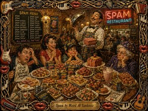 A richly detailed oil-painted restaurant overflows with Spam-themed dishes, cans, and exaggerated diners beneath warm golden lighting. A theatrical waiter presents another platter amid comic abundance, vintage signage, deep mahogany tones, rosy pinks, and glowing neon. An ornate musical frame of instruments, piano keys, guitar picks, and red lips completes the whimsical scene.