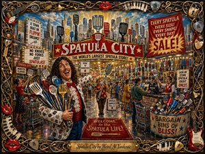 A jubilant painted superstore overflows with spatulas of every shape and color, led by an ecstatic showman presenting armfuls of them to bustling shoppers. Warm golden lights reflect across polished floors beneath bold red signage and towering utensil displays. An intricate musical frame of strings, picks, piano keys, instruments, and glossy red lips surrounds the whimsical scene.