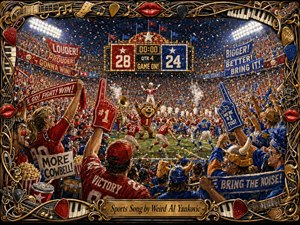 A roaring nighttime stadium erupts with red-and-blue fans, athletes, a jubilant mascot, marching musicians, foam fingers, banners, and swirling confetti. Brilliant floodlights illuminate the energetic field and packed stands, while rich oil-paint textures create dramatic depth. An ornate musical frame surrounds the scene, crowned by an engraved title plate.