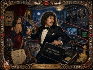 A tuxedoed spy clutches a martini and secret briefcase inside a lavish moonlit lair filled with lasers, gadgets, henchmen, and playful musical references. Deep blues, crimson, black, and gold create dramatic contrast beneath theatrical lighting. Painterly textures, reflective surfaces, comic details, and an ornate instrument-and-lips frame heighten the satirical intrigue.