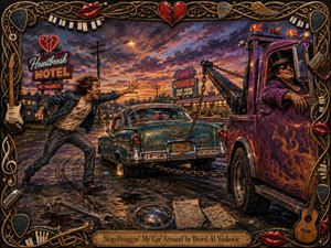 A frantic man lunges after his battered teal classic car as a flamboyant purple tow truck drags it away along a wet roadside at sunset. Neon motel and diner signs glow beneath a dramatic violet-orange sky. Rich painterly textures, reflective pavement, scattered tools, musical ornaments, and an intricate gold frame create comic heartbreak and theatrical energy.