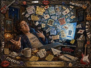 A richly textured painted scene shows a bewildered man recoiling from a glowing computer as a whirlwind of forwarded emails, warnings, jokes, and chain messages floods his cluttered nighttime office. Warm amber lamplight contrasts with icy blue screen glow, while expressive brushwork, flying papers, comic details, and an ornate musical frame heighten the satirical chaos.