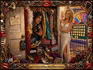 A richly painted comic scene shows a startled man wedged inside an overflowing closet while a glamorous blonde game-show hostess smiles beside a glowing letter board and prize wheel. Warm gold lighting, jewel-toned clothes, sequins, shoes, and feathers create theatrical chaos, framed by ornate musical instruments, piano keys, guitar picks, and glossy red lips.