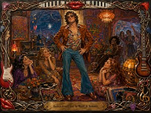 A flamboyant, sunglassed groovy man poses confidently in a richly painted 1970s lounge, surrounded by admiring guests, vinyl records, flowers, lava lamps, and psychedelic decor. Warm amber lighting, deep blues, oranges, purples, and golds create a playful, theatrical mood, framed by intricate musical instruments, piano keys, strings, picks, and glossy red lips.