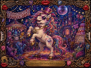A jubilant white party pony rears at the center of a glittering fantasy carnival, surrounded by dancing creatures, a pony band, cake, banners, and a glowing castle. Saturated pinks, purples, blues, and golds shimmer under disco lighting, while an ornate musical frame and engraved title plate complete the whimsical painted scene.