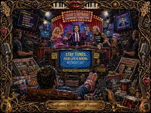 A wildly satirical painted television studio erupts with sensational talk-show chaos as a hypnotized viewer lounges amid tabloids, remotes, snacks, and tangled cables. Electric reds, blues, yellows, and gold spotlights heighten the manic mood. Thick handcrafted textures, glowing screens, exaggerated characters, and an ornate musical frame amplify the media-overload spectacle.