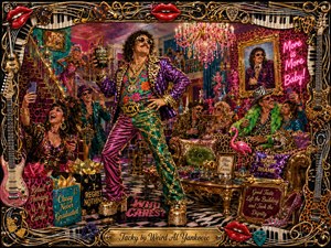 A flamboyant, mustached partygoer strikes a proud pose in a wildly overdecorated mansion bursting with leopard prints, sequins, neon, and gold. Surrounded by laughing guests, chandeliers, selfies, and kitschy luxury, the richly layered painted scene glows with hot pink, teal, and metallic light, all enclosed by an ornate musical frame.