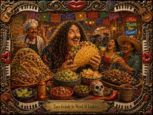 A vibrant hand-painted cantina scene celebrates an enormous taco feast, with a gleeful curly-haired diner surrounded by laughing guests, a cheerful chef, colorful dishes, salsa, peppers, and festive decorations. Warm golden lighting, saturated reds, greens, and oranges enhance the playful mood, framed by ornate musical instruments, piano keys, picks, and glossy red lips.
