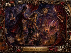 A surreal painted cabaret scene shows a curly-haired man descending a winding staircase, guided by a sinister top-hatted figure into a glowing musical underworld. Deep burgundy, violet, blue, and amber tones create theatrical drama, while floating sheet music, shadowy musicians, candles, red curtains, and an ornate instrument-filled frame enrich the handcrafted composition.