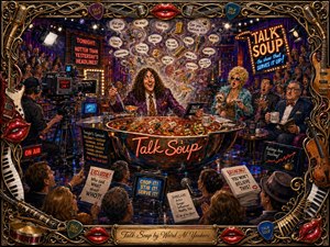 A wildly theatrical talk-show studio becomes a surreal bowl of steaming gossip, with an eccentric curly-haired host serving scandal amid cameras, shocked guests, glowing signs, and excited spectators. Rich reds, purples, blues, and golds blaze under dramatic studio lighting, framed by ornate instruments, piano keys, guitar picks, and glossy lips.