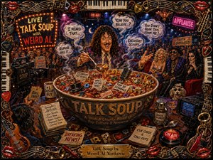 A flamboyant late-night studio erupts around a giant soup bowl desk, where a curly-haired host gleefully stirs celebrity gossip into a surreal spectacle. Warm golds, fiery reds, and deep blues glow beneath theatrical lighting, while neon signs, laughing guests, cameras, and an ornate musical frame create a richly detailed, handcrafted satire.