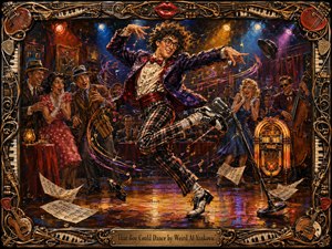A wildly energetic dancer leaps across a glowing vintage club floor as delighted onlookers cheer beneath colorful stage lights. Rich reds, golds, blues, and purples create a theatrical mood, while swirling musical notes, scattered sheet music, a jukebox, and ornate instrument-filled framing enhance the lively hand-painted spectacle.