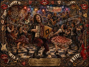 A wildly energetic polka-rock club erupts around a grinning accordionist, surrounded by dancers, guitars, brass, drums, and swirling musical lines. Warm reds, golds, blues, and smoky stage lights create theatrical depth. Thick painterly textures enhance the handcrafted feel, while an ornate instrument-filled frame and engraved title plate complete the scene.