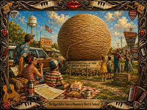 A gigantic ball of golden-brown twine dominates a sunny Minnesota roadside attraction, surrounded by delighted tourists, vintage cars, picnic items, flowers, signs, and small-town buildings. Warm late-afternoon light, rich Americana colors, and textured painterly detail create a playful nostalgic mood, framed by ornate instruments, piano keys, guitar strings, picks, and glossy red lips.