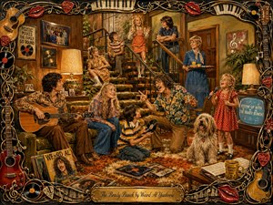 A lively 1970s family singalong fills a warmly lit suburban living room, where children and adults gather around guitars, records, and a microphone. Rich oranges, avocado greens, browns, and golds create nostalgic warmth. Painterly textures, expressive faces, shag carpeting, vintage decor, and an ornate music-themed frame heighten the playful mood.