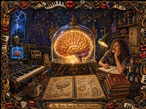A glowing human brain dominates a whimsical inventors laboratory, enclosed beneath a glass dome amid keyboards, wires, books, sketches, and curious instruments. Warm amber light contrasts with stormy cobalt blues, creating theatrical depth. Rich painterly textures, surreal scientific details, and an ornate music-themed frame give the scene playful, handcrafted grandeur.