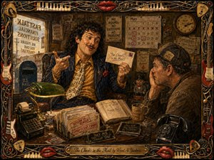 A richly textured oil-style painting shows a slick con man in a cluttered vintage office, theatrically assuring a weary customer that payment is coming. Warm amber, brown, brass, and muted red tones glow under dramatic lamplight. Papers, bounced-check notices, calendars, mail, and antique office tools deepen the satire, framed by elaborate musical ornaments.