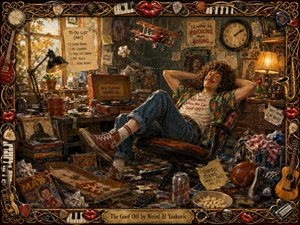 A curly-haired slacker lounges contentedly in a wildly cluttered room, surrounded by unfinished chores, records, snacks, crumpled notes, toys, and playful signs. Warm golden light, rich reds, teal, mustard, and wood tones enhance the humorous mood. Thick painterly textures and an ornate musical frame create a vivid handcrafted finish.