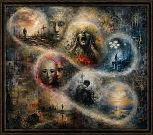 Darker and more abstract, this vision moves through ruined battlefields, ghostly faces, unbearable screams, surgical lights, masked identity, isolation, and a distant shoreline. Murky white transitions connect each memory while crosses, photographs, clocks, diagrams, tally marks, and fractured textures build a haunting portrait of trauma, silence, and fading human consciousness.