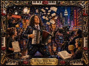A flamboyant accordionist commands a chaotic late-night television studio, surrounded by cameras, cue cards, musicians, producers, and glowing Manhattan skyscrapers. Rich golds, electric reds, deep blues, and warm stage lights create theatrical energy. Painterly textures, flying papers, comic props, and an ornate musical frame amplify the playful satirical mood.